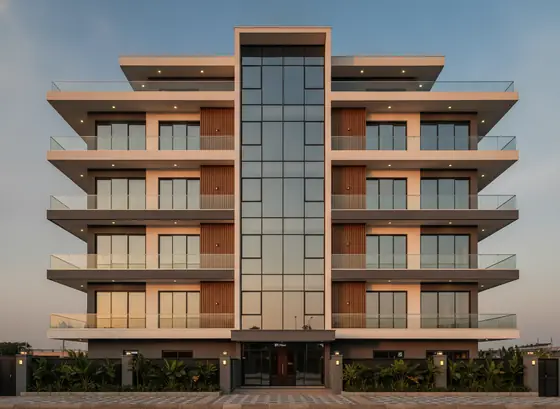 A contemporary apartment block at golden hour, its glazed
                stair core rising between stacked balconies above a paved
                forecourt: the Wuse 2 building in the demo portfolio.
